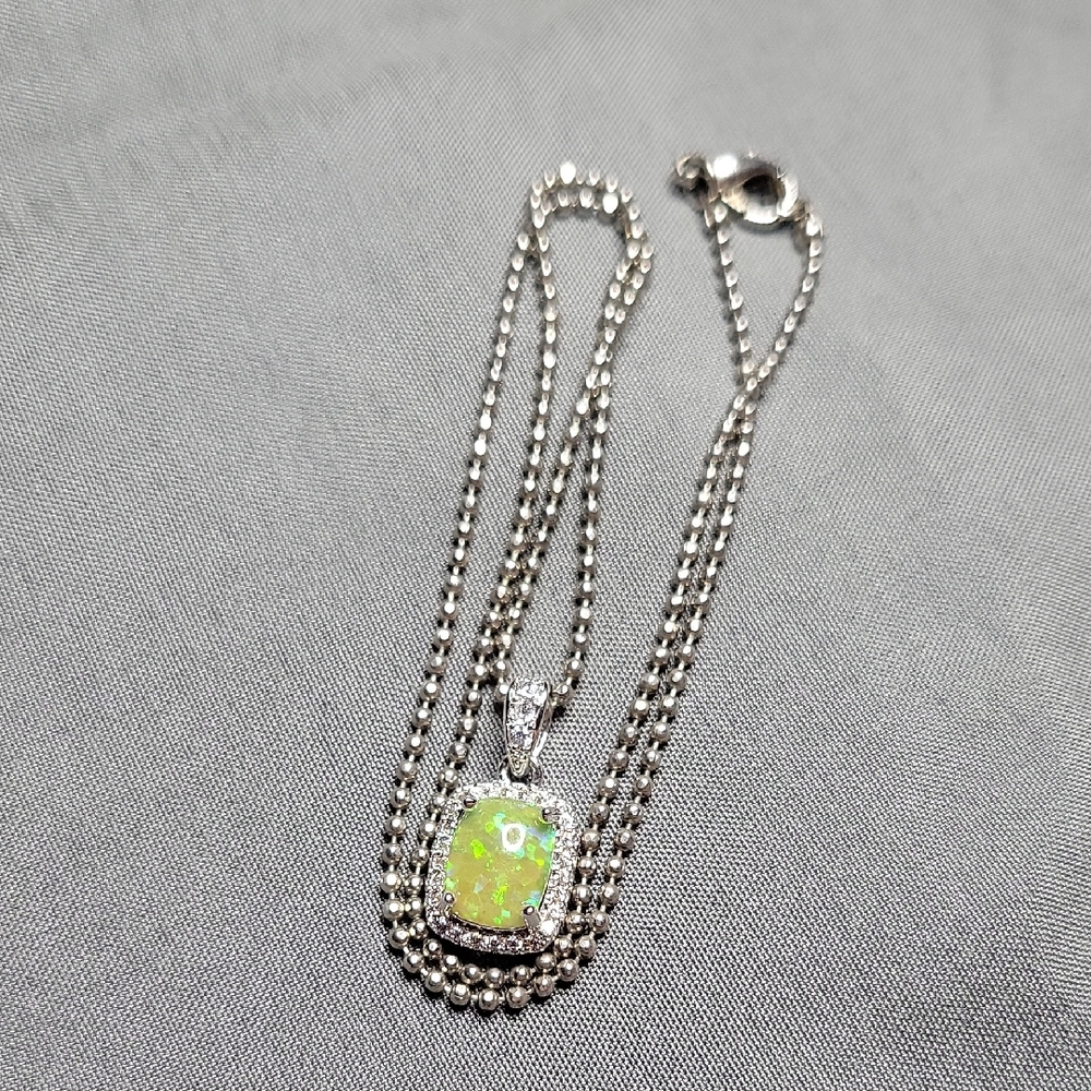 Small Bright Opalescent Yellow Stone W/ Pavè Halo Pendant On Silver Ball Chain